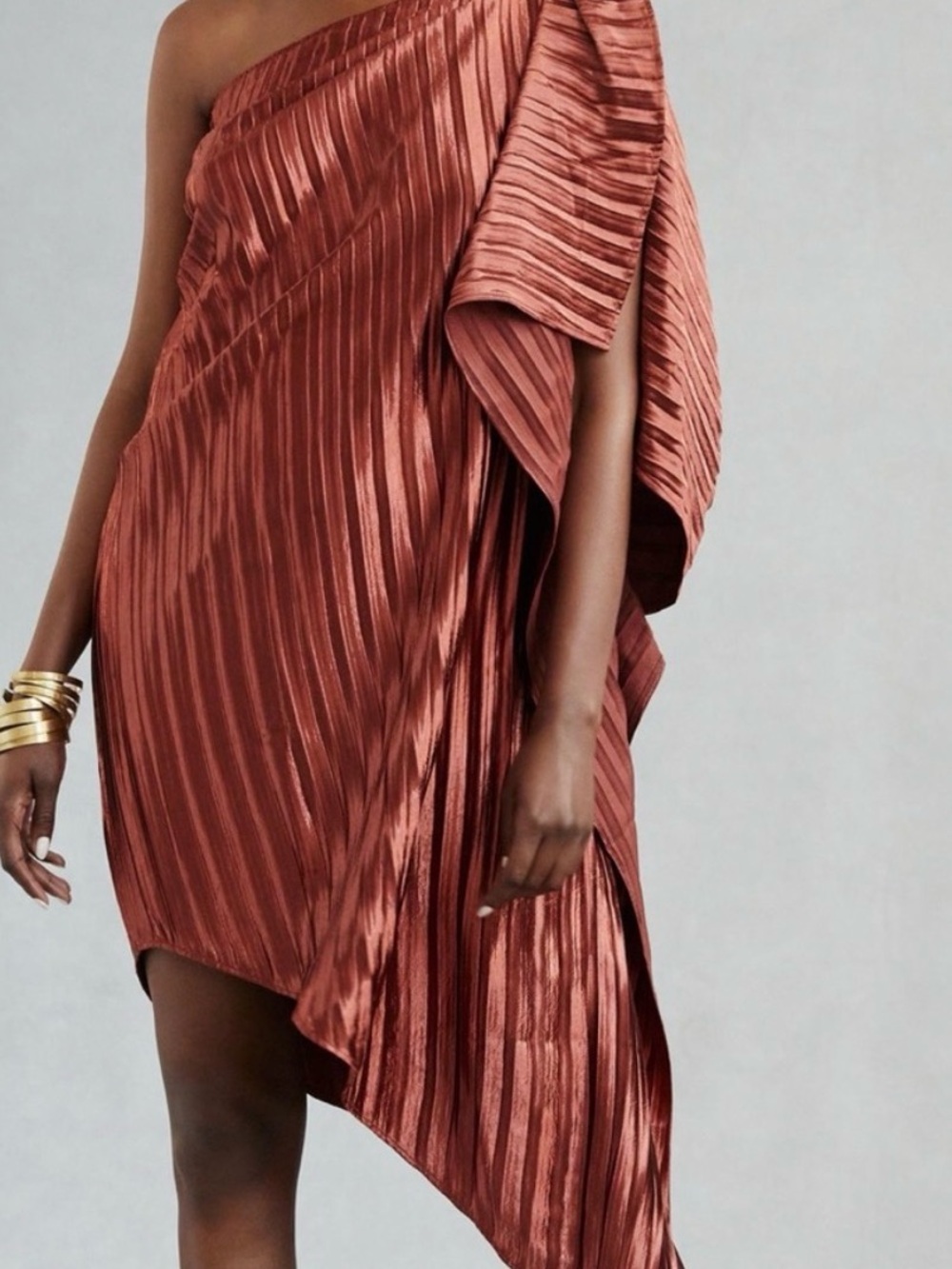 Guapa Anthropologie brand One-Shoulder Copper Pleated Dress